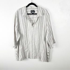 TAHARI 100% Linen Striped Side Accent Buttons Tunic Top, Size 2X